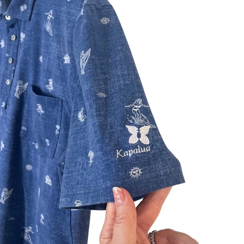 Johnnie-O‎ Hangin Out Buddy Polo Shirt Mens XL Oceanside Blue Hula Girl Kapalua